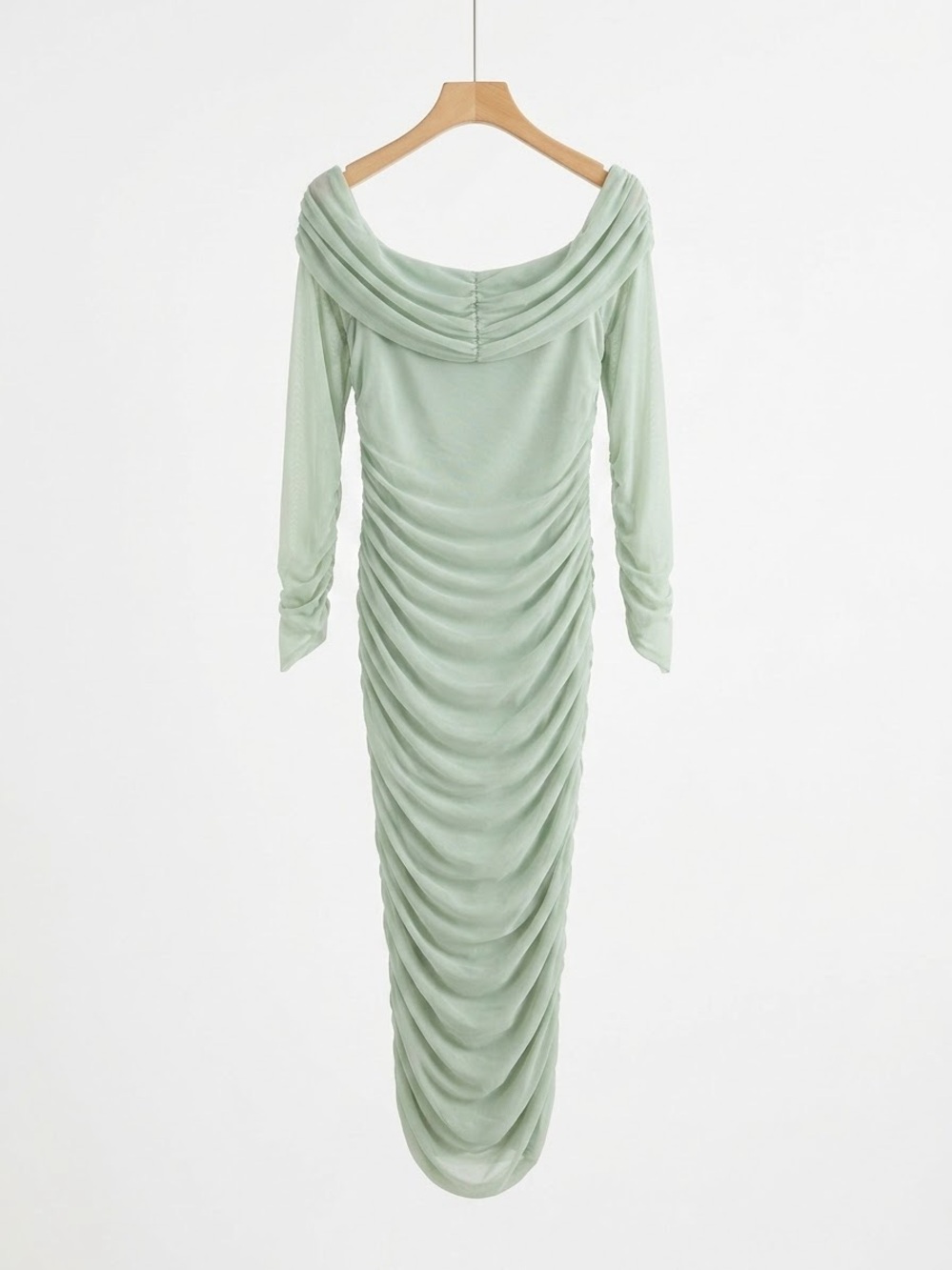 Sage Green Sheer Mesh Ruched Midi Maxi Cocktail Dress Long Sleeve